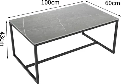 A rectangular coffee table with a marble-effect top and black metal legs, shown with dimensions indicated.