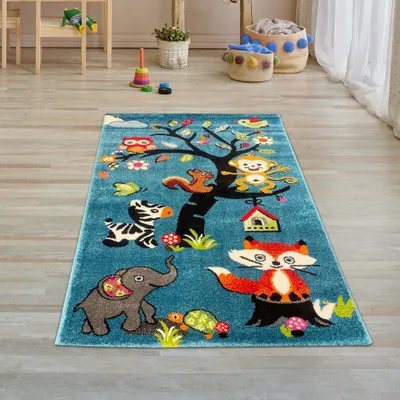 Image de Tapis de chambre d'enfant avec différents motifs d'animaux | en bleu Taille - 80 x 150 cm