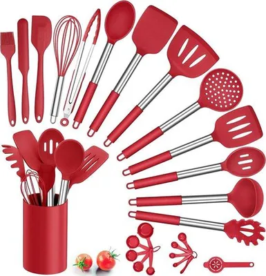 Immagine prodotto di Set di utensili da cucina in silicone Unyqoos® da 25 pezzi – set completo per la cottura, con supporto, misurini e misurini graduati, resistente al calore fino a 230 °C, manici in acciaio inossidabile