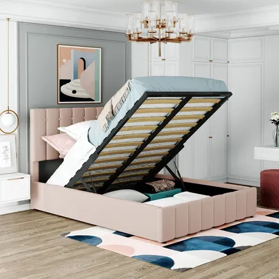 Obrázok produktu pre Čalúnená posteľ Merax 140x200 cm s výškovo nastaviteľným čelom, hydraulická skriňová posteľ s lamelovým roštom a úložným priestorom, manželská posteľ pre mladých zamatová, béžová
