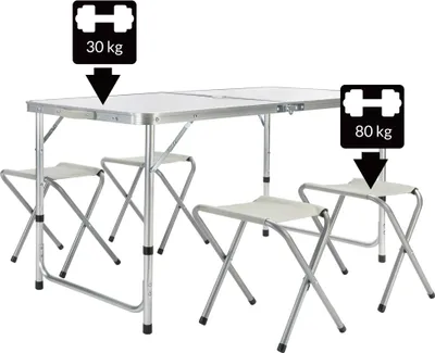 Image de Table de Camping XXL 4 chaises pliables Blanc Aluminium MDF poignée Transport 120x60x70cm ensemble camping table de jardin réglable