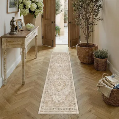 Produktbild von Vintage Läufer Teppich - Beige, Antirutsch, Maschinenwaschbar 60 x 180 cm