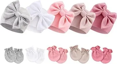 Produktbild von DRESHOW Neugeborene Baby Mütze Fäustlinge Krankenhaus Hut Beanie Säuglingshüte mit Schleife Baby Handschuhe