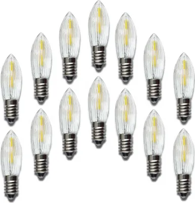 A collection of LED filament light bulbs arranged in rows on a white background.