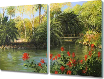 Produktbild von Coloray Hackbrett Herdabdeckplatte 2x40x52 cm Küchenbrett Kochplattenabdeckung Schneidebrett - Wald-Fluss-Brücke