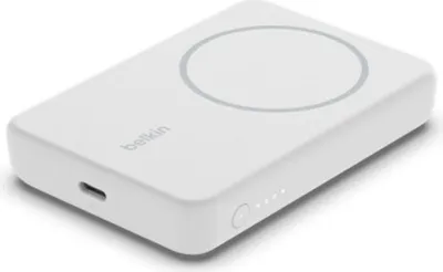 A white Belkin power bank is shown from a diagonal angle on a white background.