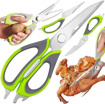 Image de Azomor : ciseaux de cuisine polyvalents en acier inoxydable avec poignées ergonomiques et ouvre-bouteilles