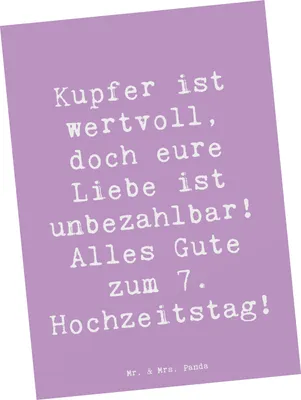 Produktbild von Mr. & Mrs. Panda Grußkarte Spruch 7. Hochzeitstag Kupferhochzeit - Lavendeltraum - Geschenk, Postkarten, Ansichtskarte, Liebe feiern, Hochtzeit, einzelkarte, Ehe, Heirat