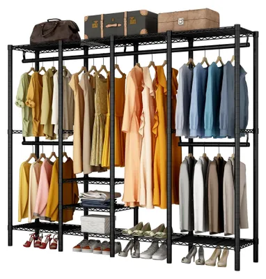 Produktbild von Kleiderständer, Garderobenständer mit 6 höhenverstellbaren Regalböden und 4 Hängefächern, viel Platz für Schlafzimmer und Wohnzimmer (Schwarz)