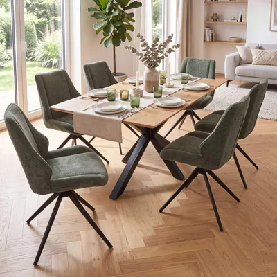 Productafbeelding van Set van 6 eetkamerstoelen HWC-O48, keukenstoelen, draaibaar met automatische terugdraaimechanisme, bekleding: chenille stof/textiel (320g/m²), gecertificeerd volgens , kleur: groen