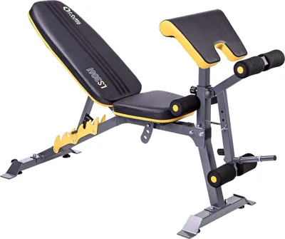 A multi-functional weight bench with adjustable backrest and leg/arm curl attachments.