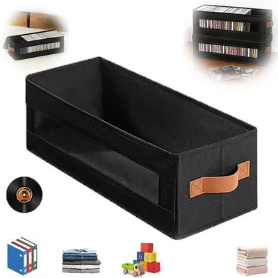 Immagine prodotto di Porta CD multifunzionale - Impilabile - Scaffale per CD pieghevole - Con copertura antipolvere e maniglia - Con finestra trasparente - Ideale per la casa, l'ufficio o l'home cinema - 40 x 15,5 x 13,5 cm - Nero