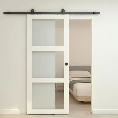 Produktbild von inova Holzschiebetür 900x2150 mm Komplettset mit Glaseinsatz, Weiß, beidseitiger Softclose, Griffmuschel schwarz
