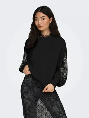 Image de Sweatshirt ONLY - Modèle ONLBROOKE, col rond, mélange de coton, motif floral, couleur noire, taille XS