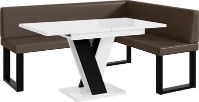 Produktbild von MEBLINI Eckbank für Esszimmer mit ausziehbarem Tisch  - Küchenbank - Essecke - Sitzecke Küche - TONI - U-Beine 128x168x87cm Rechts - Braun Kunstleder/M Weiß-Schwarz Hochgl.