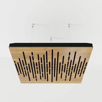 Obrázek produktu pro Balení po 2 kusech – Závěsný stropní akustický panel s velurovým potahem a montážní sadou | 50 x 50 x 5 cm | Absorpce a difúze zvuku | [WAVE – dub | černá]