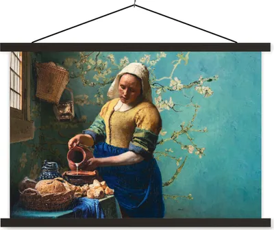 Produktbild von MuchoWow® Textilposter Milchmädchen - Mandelblüte - Van Gogh - Vermeer - Gemälde - Alte Meister 90x60 cm mit schwarzem Rahmen - Aufhängungssatz