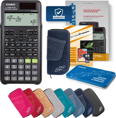 Produktbild von Casio FX-87 DE Plus II Taschenrechner mit Tasche dunkelblau, Folie, Buch und Zirkel Set