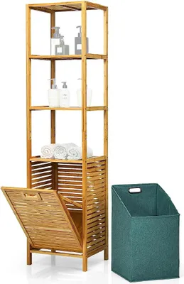 Image de Étagère en bambou avec panier à linge BW1 Salle de bains Armoire haute
