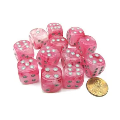 Imagen del producto de Conjunto de dados Chessex "Ghostly Glow" rosa/plateado, modelo D6, de 16 mm (12 unidades)