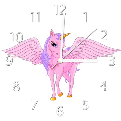 Produktbild von Wallario Design Wanduhr Rosa Einhorn mit großen Flügeln aus Echtglas, Größe 30 x 30 cm