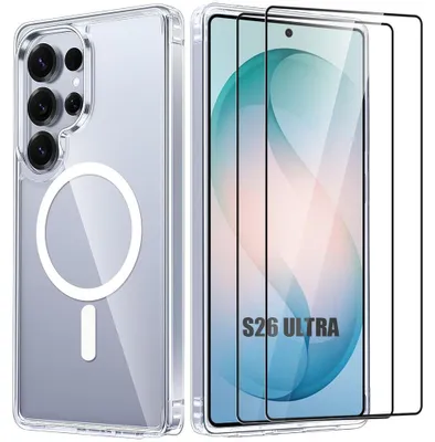 Image de Coque + 2 Verres Trempés pour Samsung Galaxy S26 Ultra, Antichoc avec Anneau Magnétique - Transparent
