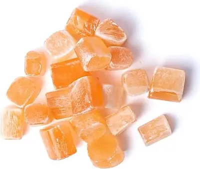 Produktbild von Trommelsteine aus orangefarbenem Selenit (Satinspar) – ±15–35 cm; ±300 g – ±1,5–3,5 cm; ±300g