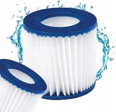 Two pool filter cartridges with blue rims and white pleated filter material, with water splashes around them.