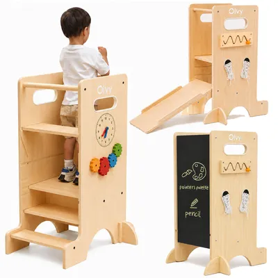 Imagen del producto de Torre de aprendizaje Olvy para niños a partir de 1 año – Torre de aprendizaje Montessori 4 en 1, con altura ajustable, tobogán, pizarra y juegos, ideal como ayuda en la cocina y con múltiples funciones