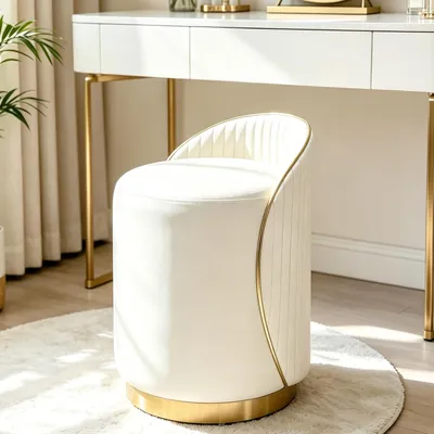 Produktbild von Bequemer, moderner Schminkstuhl mit 360°-Drehfunktion, Lederstoff, Lehne und dicker Polsterung für Schlafzimmer, Wohnzimmer und Esszimmer (Beige)
