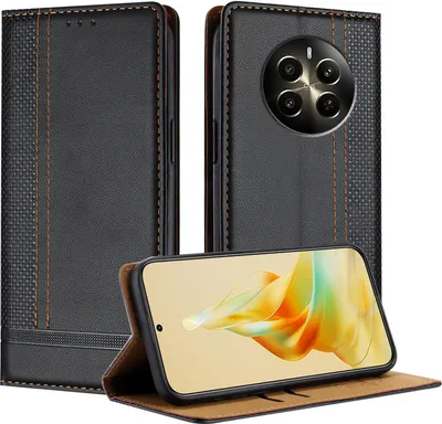 Obrázek produktu pro Pouzdro pro Realme 12+ kožené flipové pouzdro s funkcí stojánku černé