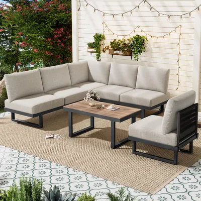 Produktbild von Gartenmöbel-Set, modulares Outdoor-Sofa, Terrassen-Liegestuhl-Set mit Ecksofa + Couchtisch, umwandelbar in eine Liege, beige