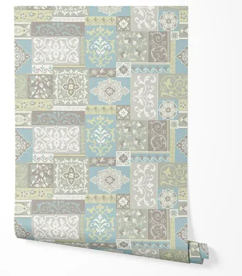 Produktbild von Selbstklebende Tapete Möbelfolie Patchwork Fliesenoptik Vintage Ornamente Blau Grau Beige Wandtapete Küche Badezimmer Wohnzimmer Flur Retro Mediterran Design 2,5m x 0,5m