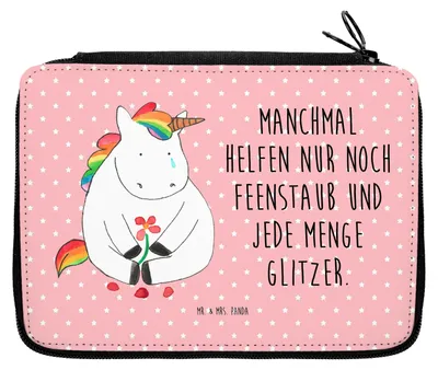 Produktbild von Mr. & Mrs. Panda Federmappe Einhorn Traurig - Rot Pastell - Geschenk, Federmäppchen, Bleistiftetui, Schlampermäppchen, Etui, Liebe, Blume, Schlamper, Mäppchen, Einhörner