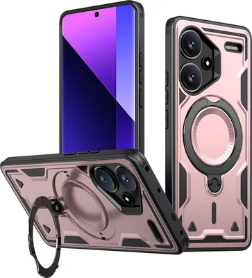 Produktbild von Dual Layer Hülle für Xiaomi Redmi Note 13 Pro+ 5G Metall Ring Ständer Magnetisch Stoßfest Militär Handyhülle Roségold