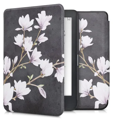Produktbild von kwmobile Schutzhülle für Kobo Clara HD Hülle - eReader Flip Case mit Auto Sleep Funktion - Magnolien mit Taupe Weiß Dunkelgrau