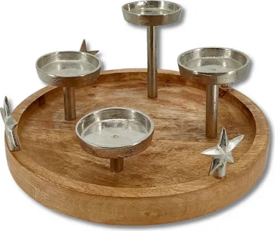 Produktbild von Mango-Holz und Metall Kerzenhalter rund silber mit Sternen Ø 30cm für vier große Stumpen-Kerzen Tisch-Deko Advent-Kerzenständer