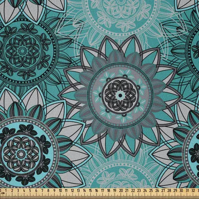 Produktbild von ABAKUHAUS Mandala Microfaser Stoff als Meterware , Hippie orientalische abstrakte Motive traditionellen runden Frühling inspiriert Design, 10 M (230 x 1000 cm), Taupe Schwarz Türkis