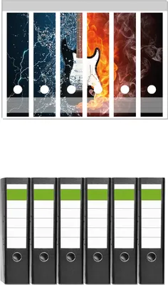 Produktbild von Wallario 6 Stück breite Ordner inkl. Klebeetiketten mit Motive Feuer-Wasser-Gitarre -  Set mit Rückenschildern / Ordnerrücken Stickern
