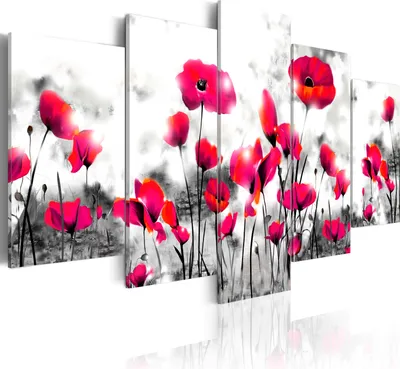 Produktbild von Leinwandbilder Abstrakt 200x100 cm Vlies Leinwandbild 5 tlg Kunstdruck modern Wandbilder XXL Wanddekoration Design Wand Bild - Mohnblumen Wiese Pflanznemotiv rot grau 020110-133