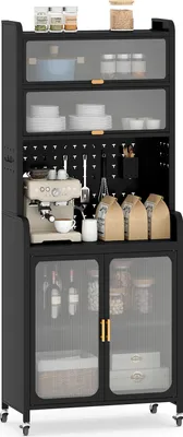 Produktbild von COSTWAY 192 cm Küchenschrank, Küchenregal mit Rollen, Arbeitsplatte, aufklappbaren PC-Türen, Regal & Lochwand, Standregal, Sideboard, Schwarz