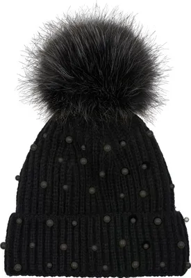 Produktbild von styleBREAKER Damen Strick Bommelmütze mit Perlen und Fleece Futter, warme Winter Fellbommel Mütze, Fake Fur 04024155