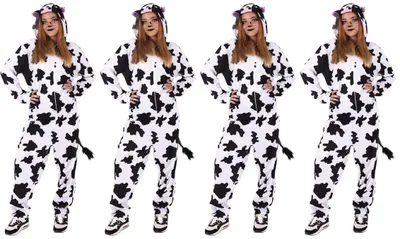 Produktbild von Rubies Kuh-Kostüm für Erwachsene, Uni, Einheitsgröße, weißer Jumpsuit mit schwarzen Flecken und Kapuzenschwanz, original