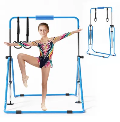 Obrázek produktu pro SucceBuy gymnastická tyč pro děti, nosnost 63,5 kg, skládací gymnastická tyč s kroužky, výškově nastavitelná gymnastická tyč pro indoorové i outdoorové cvičení, tréninkové zařízení pro děti, modrá