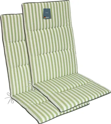 Produktbild von LILENO HOME Gartenstuhl Auflagen als [2er Set - Hochlehner] in Streifen Grün + Keder Grau - bequeme Liegen als Sitzauflagen für Gartenmöbel - Stuhlkissen für Gartenstühle und Klappstühle MAD