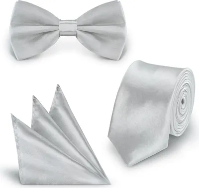 Produktbild von SET Krawatte Fliege Einstecktuch Hellgrau  einfarbig uni aus Polyester