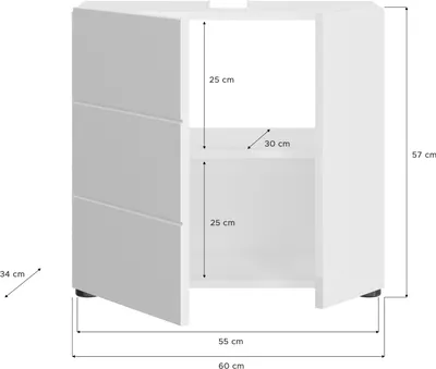A white corner cabinet with dimensions indicated by measurement lines and text.