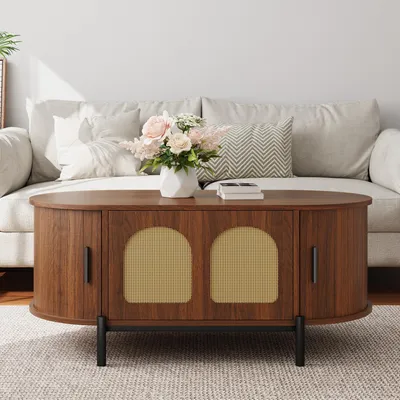 Produktbild von okwish Couchtisch Oval mit 2 Schiebetüren Sofatisch Beistelltisch mit Stauraum Für Wohnzimmer MDF Nussbaum