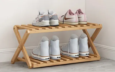 Zdjęcie produktu dla Stojak Bambusowy Na Buty Składany 23X25X50Cm Drewniany Dwupoziomowy