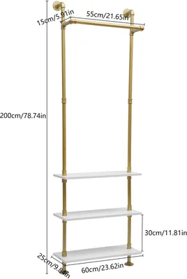 Produktbild von Kleiderstangen Metall Kleiderständer Gold 3 Holzbrett Regale Schrank Organizer